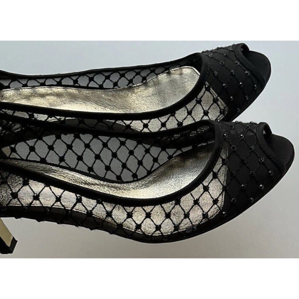 Vintage Adrianna Papell Black Bedazzled Peep Toe Heels Women's Size 10